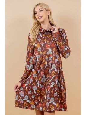 NWT Cowl Neck Long Sleeve Floral & Mushroom Dress - Brown